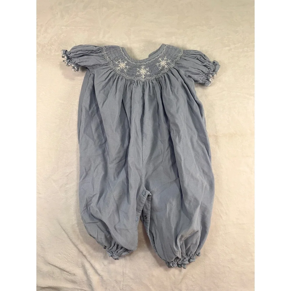 Shrimp & Grits Kids Smocked Bubble Romper 24M Blue Snowflake Corduroy Baby Girl